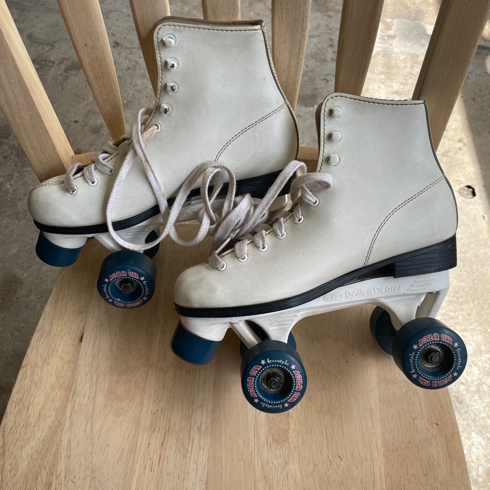 White Roller Skates with Blue Wheels